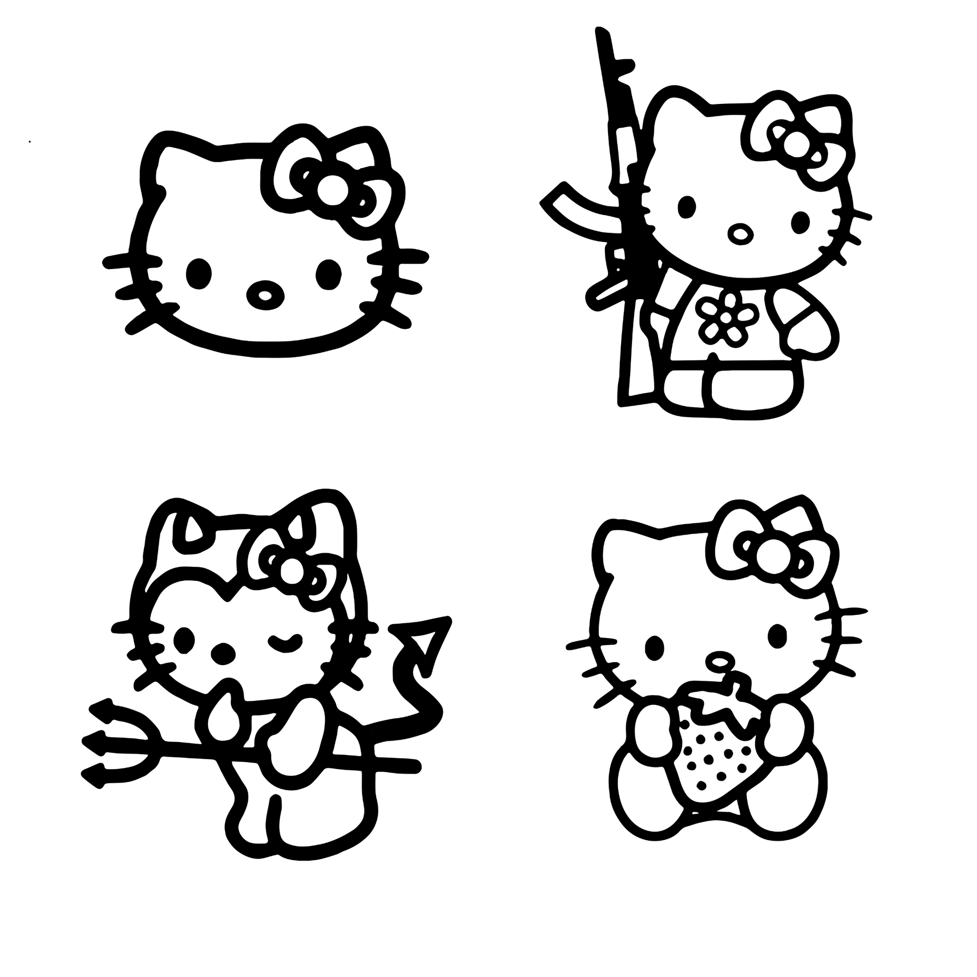 Four black and white illustrations of a cat character with different poses on a white background.
