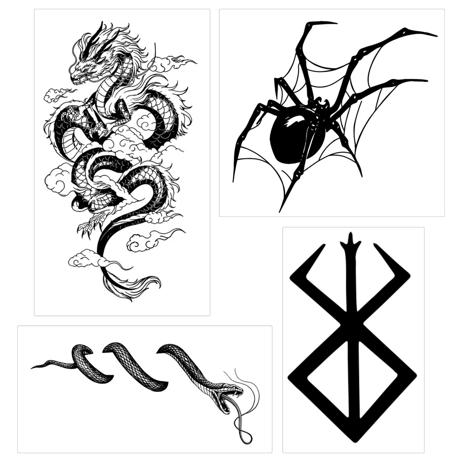Set of black and white tattoo designs including a dragon, spider, and symbol on a white background.