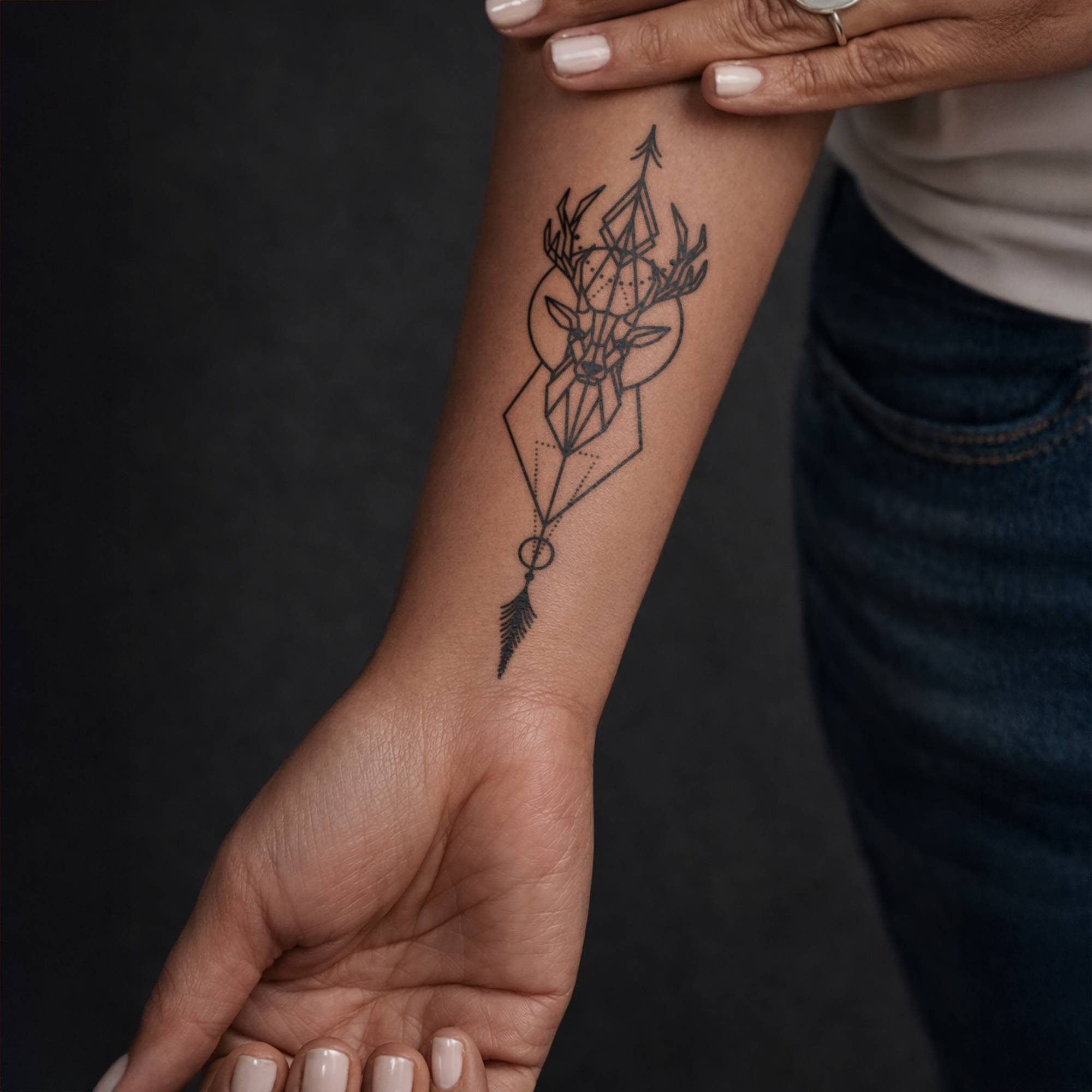 Tattoo of a geometric deer design on a person's arm with a dark background
