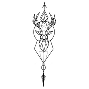 Geometric deer head design with antlers and a feather on a white background