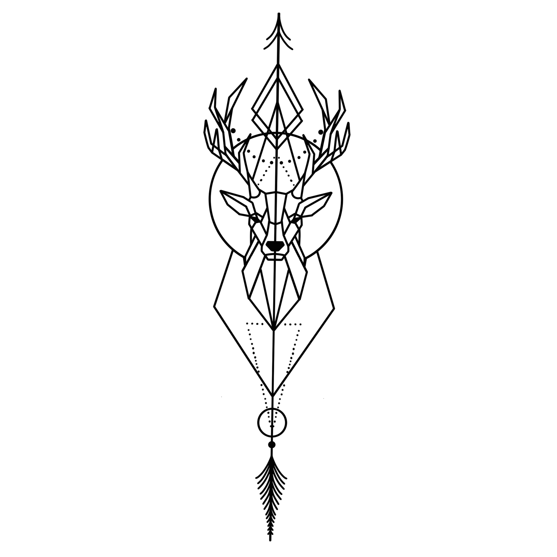 Geometric deer head design with antlers and a feather on a white background