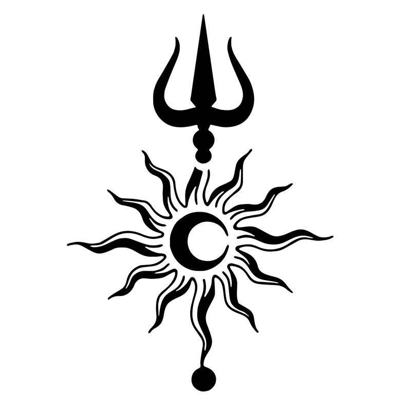 Black trident and sun design on a white background