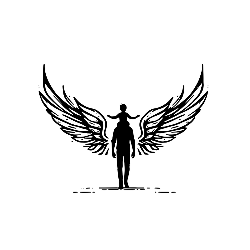 Black silhouette of a person with large wings on a white background