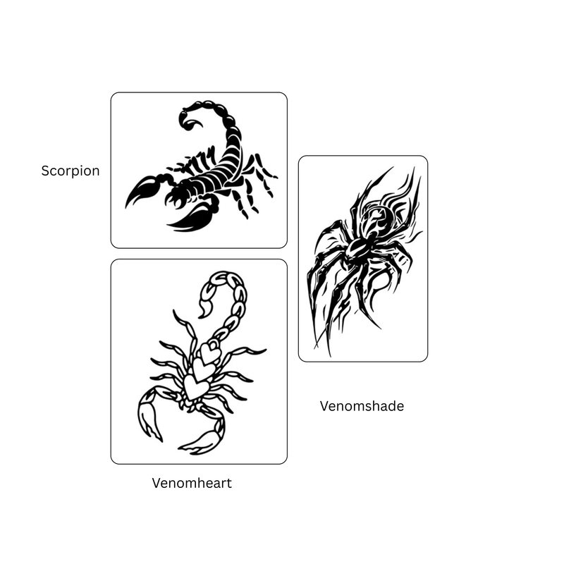 Three scorpion illustrations with labels 'Scorpion', 'Venomshade', and 'Venomheart' on a white background.