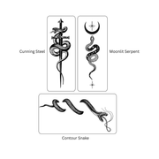 Three snake-themed tattoo designs labeled 'Cunning Steel', 'Moonlit Serpent', and 'Contour Snake' on a white background.