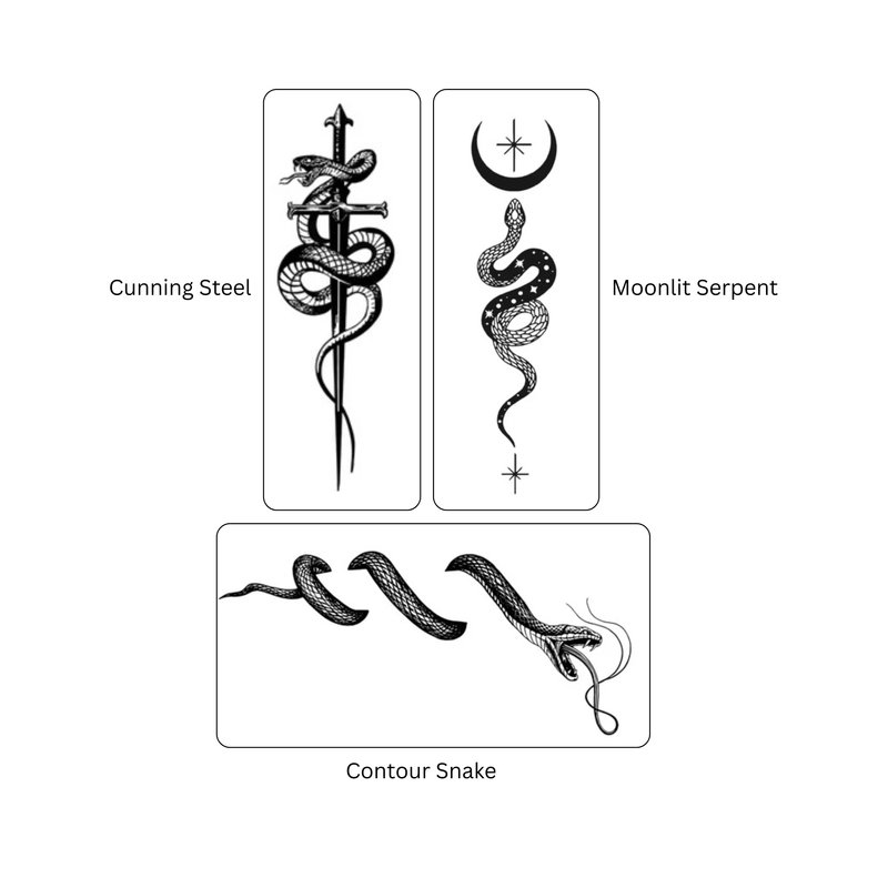 Three snake-themed tattoo designs labeled 'Cunning Steel', 'Moonlit Serpent', and 'Contour Snake' on a white background.