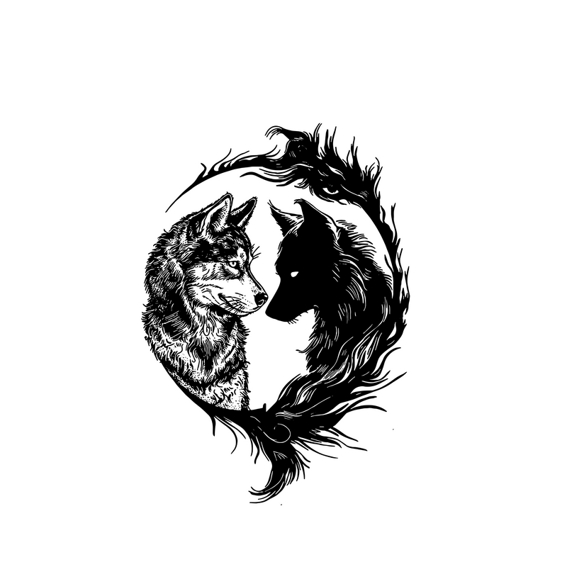 Black and white illustration of two wolves intertwined with feathers on a white background