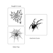 Three spider designs labeled 'Caught in Love', 'Arachne's Curse', and 'Silken Trap' on a white background.