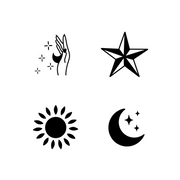 Set of black celestial symbols including a star, hand, sun, and moon on a white background.