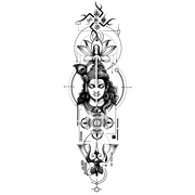 Black and white intricate tattoo design featuring a face, lotus flower, and geometric elements on a white background.