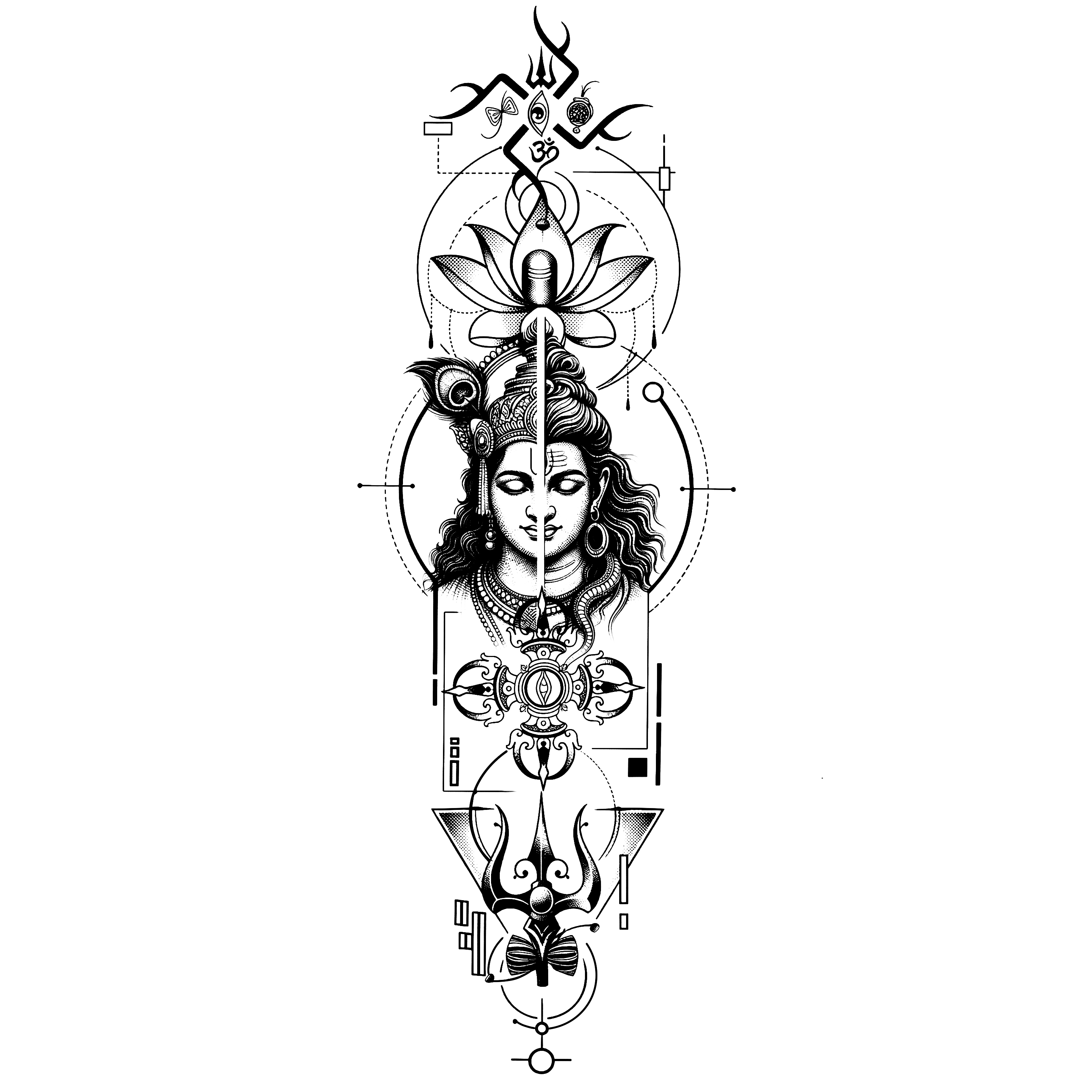 Black and white intricate tattoo design featuring a face, lotus flower, and geometric elements on a white background.