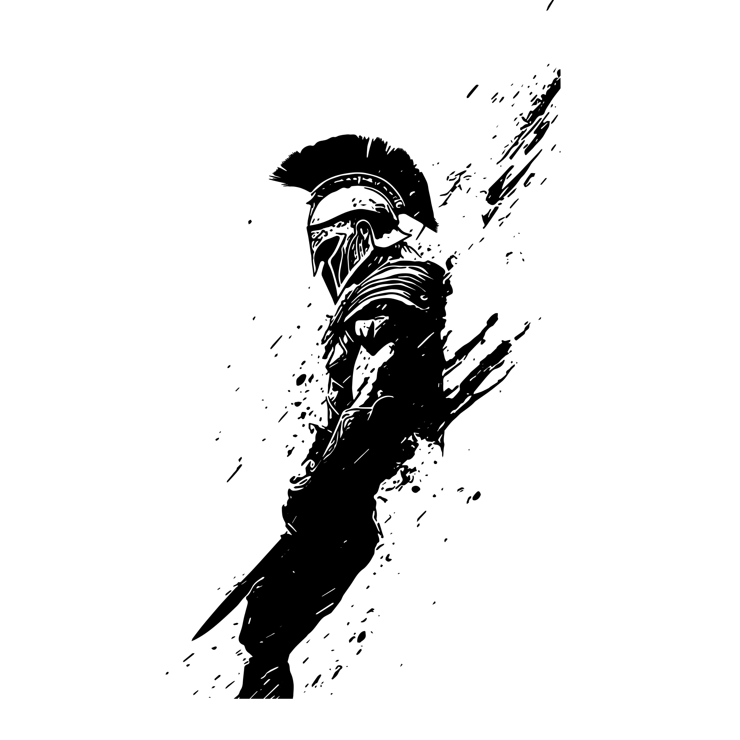 Black and white illustration of a warrior with a helmet and scarf on a white background