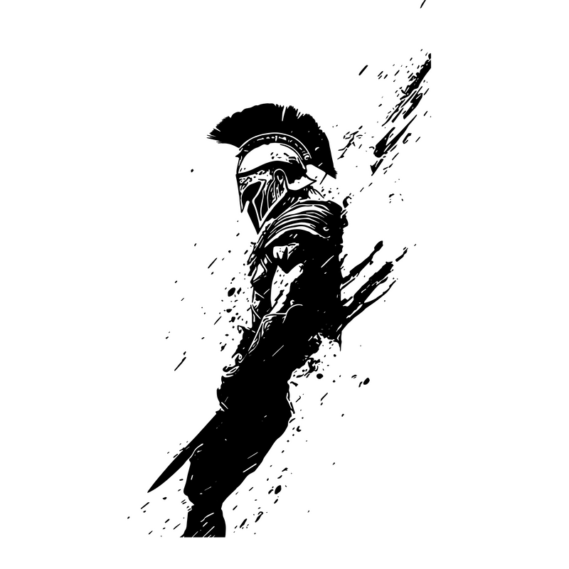 Black and white illustration of a warrior with a helmet and scarf on a white background