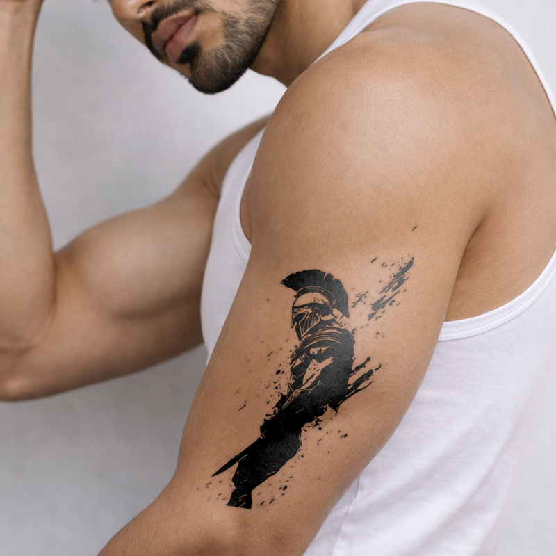 Man wearing a white tank top with a black warrior tattoo on his arm against a light gray background