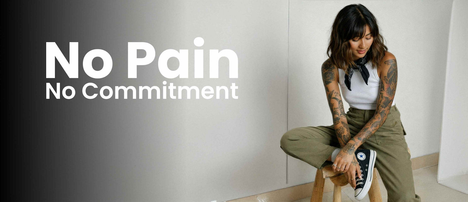 Person sitting on a stool with 'No Pain No Commitment' text on a gray background