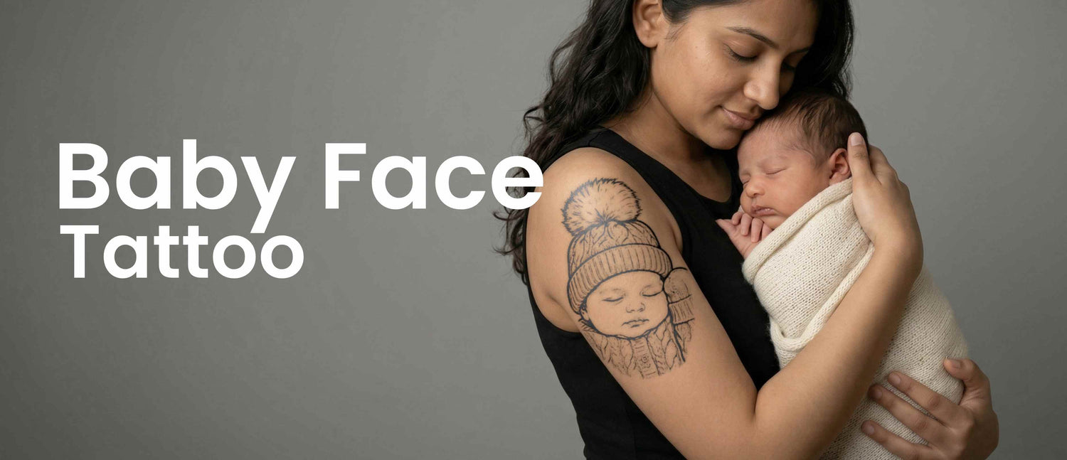 Woman holding a baby with a tattoo of a baby's face on her arm, against a gray background.