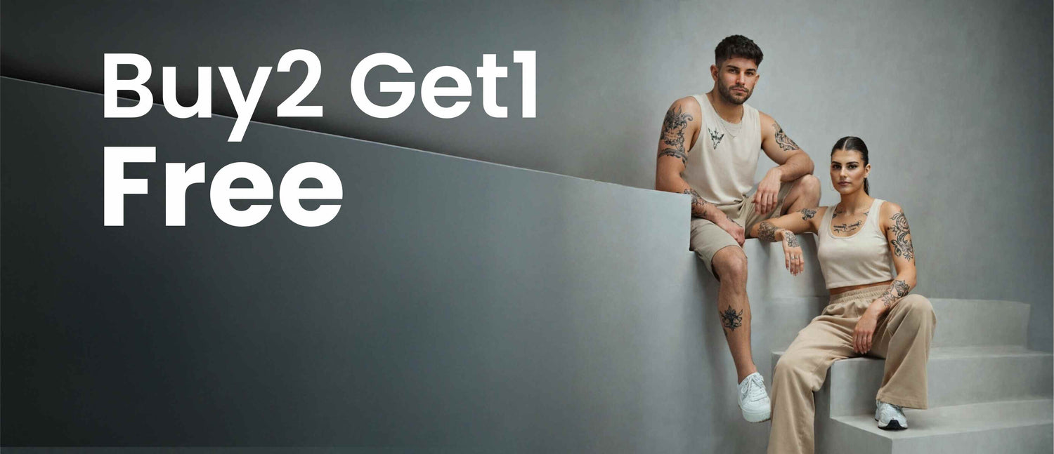 Two people sitting on a staircase with promotional text 'Buy 2 Get 1 Free' on a gray background.