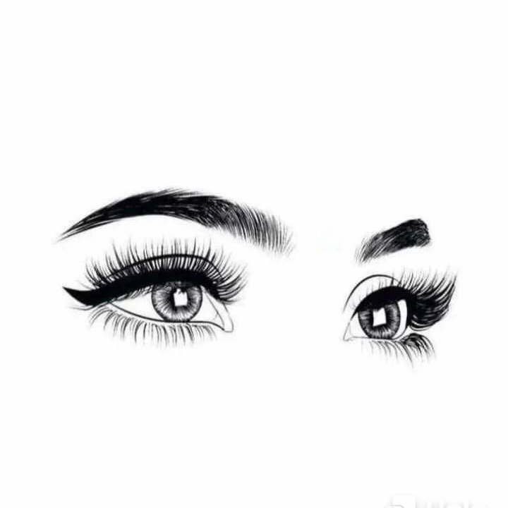 Black and white illustration of a stylized eye with long lashes on a white background