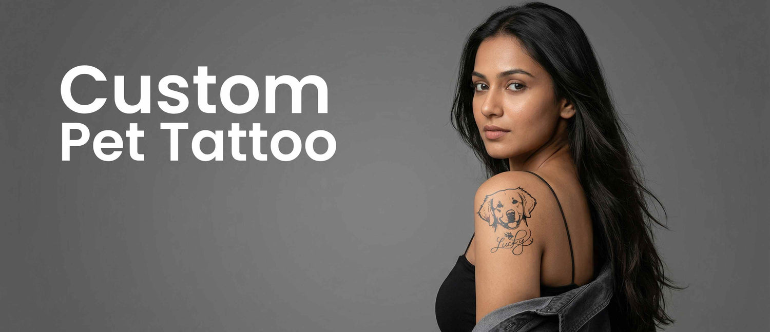 Woman with a custom pet tattoo on her shoulder against a gray background