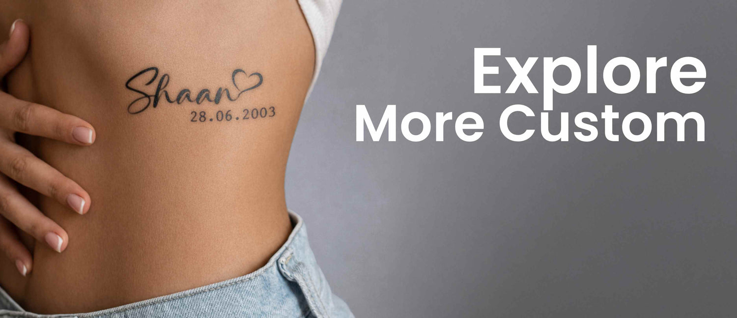 Person with a tattoo on their back and text 'Explore More Custom' on a gray background