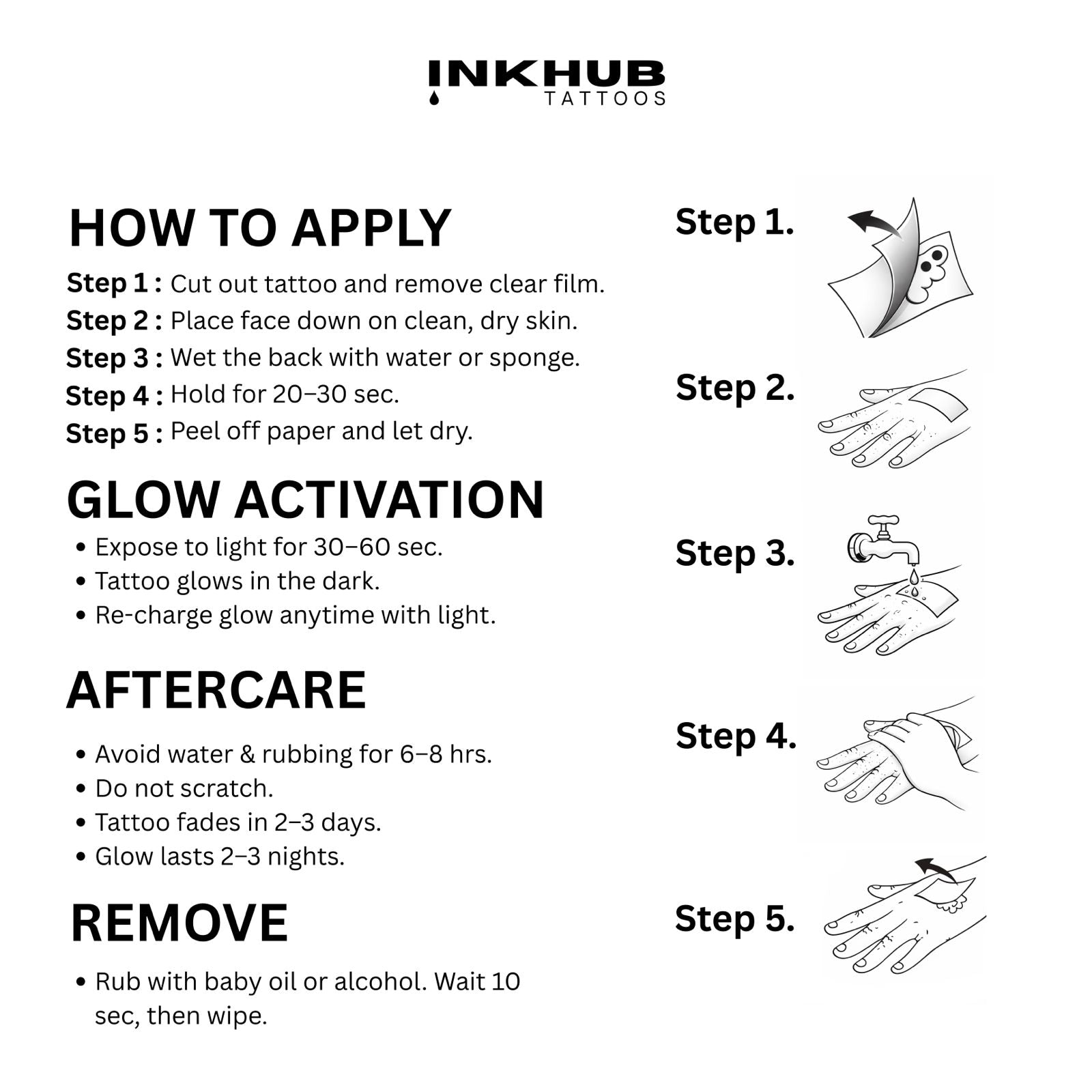 Instructions for applying and caring for a glow-in-the-dark tattoo by INKHUB Tattoos.
