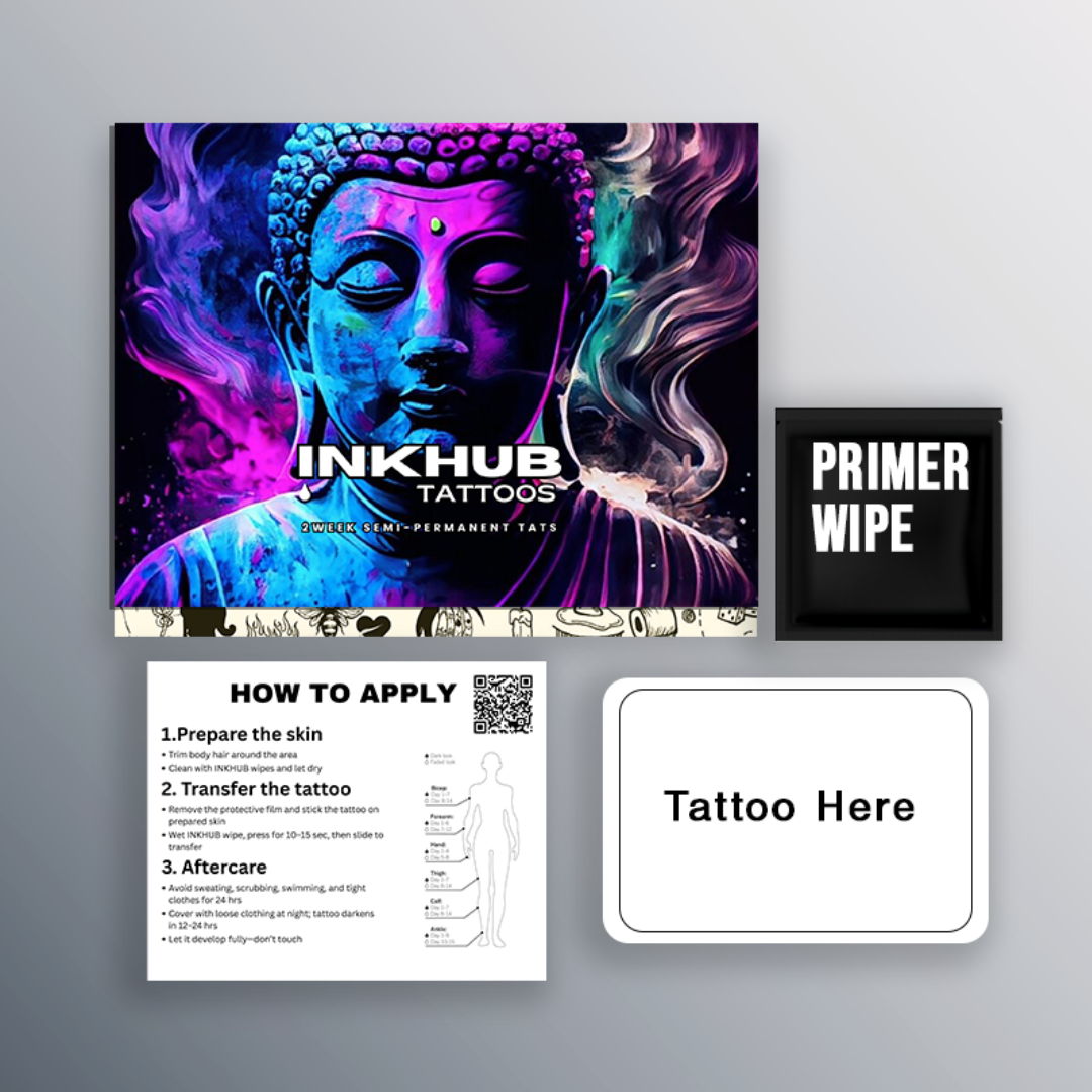 Inkhub Tattoos packaging with a Buddha design, primer wipe, and application guide on a gray background.